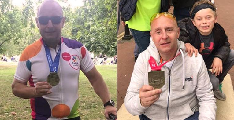 Two images of a man holding up a medal.