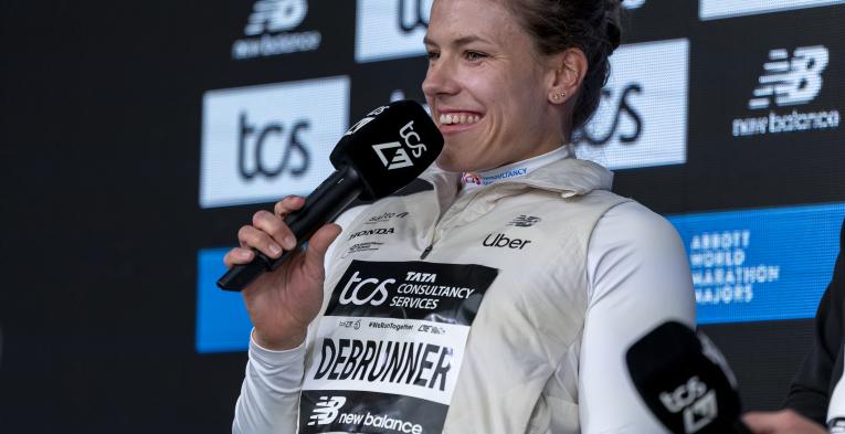 Catherine Debrunner at the pre-race press conference