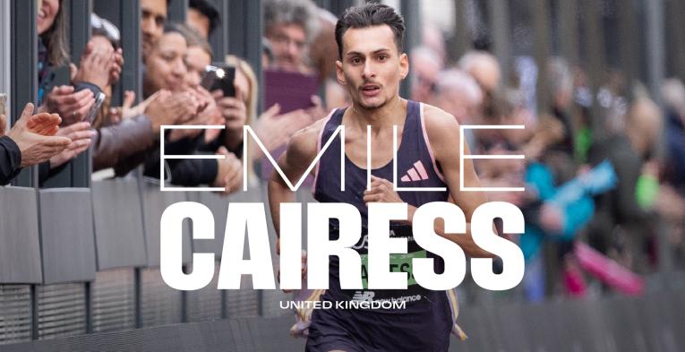 Great Britain's Emile Cairess sprints down the TCS London Marathon finish straight