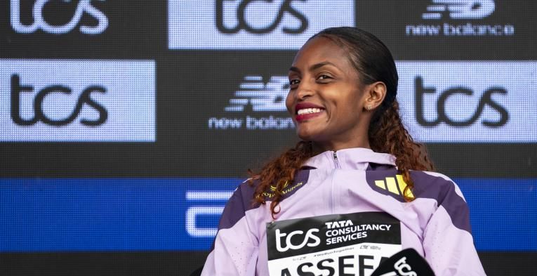 Tigst Assefa at the 2026 TCS London Marathon press conference 