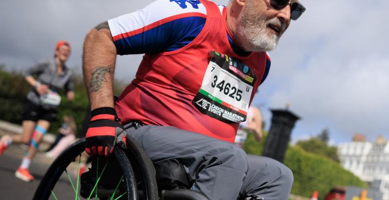 Wheelchair participant on the Brighton Marathon course