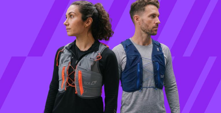 Two models wearing the hydration vest 