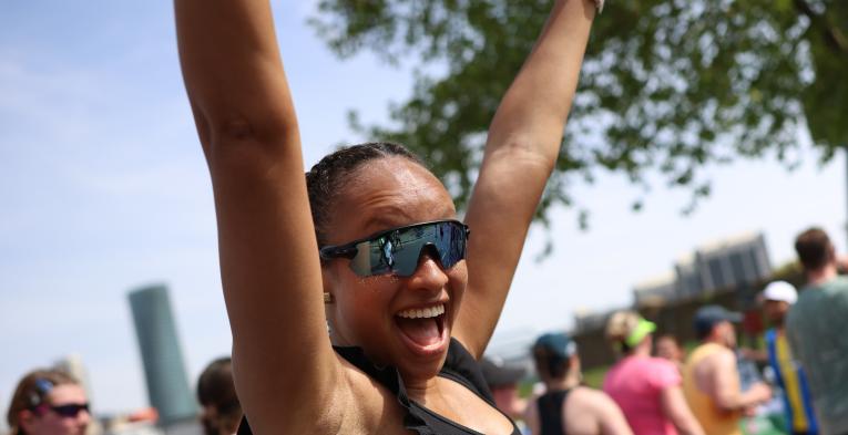 Runner celebrating on the TCS London Marathon course