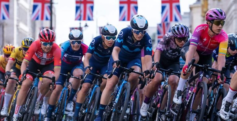 Pro riders in the peloton of the cycle along Piccadilly