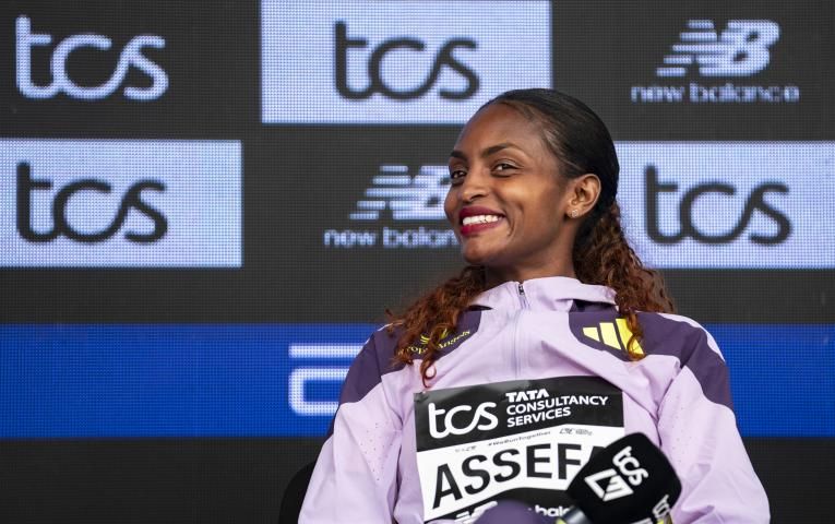 Tigst Assefa at the 2026 TCS London Marathon press conference 