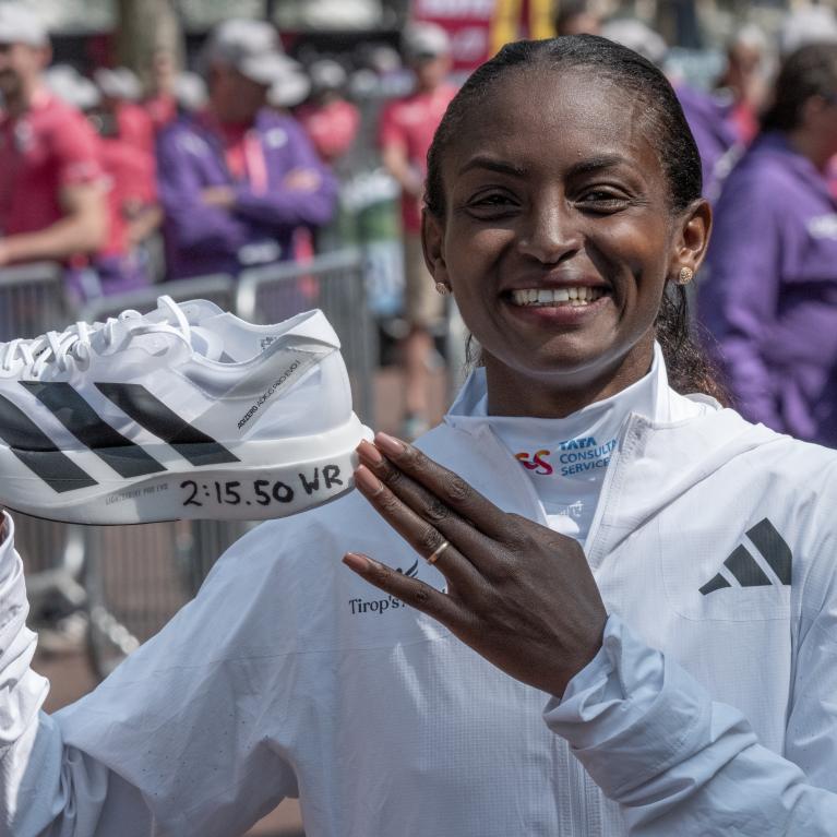 Tigst Assefa after winning the 2025 TCS London Marathon