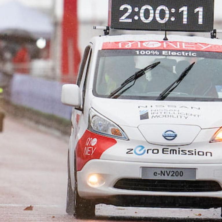 An electric vehicle on the course of the Virgin Money London Marathon