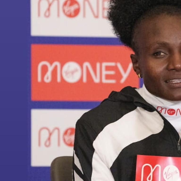 Joyciline Jepkosgei (KEN) takes part in a virtual press conference at the official hotel in the biosecure bubble ahead of the 2021 TCS London Marathon