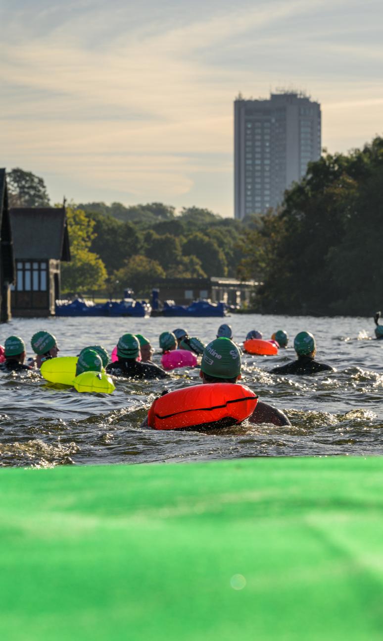 Swim participants entering the water