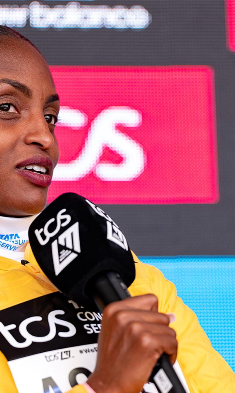 Tigst Assefa at the 2024 TCS London Marathon press conference