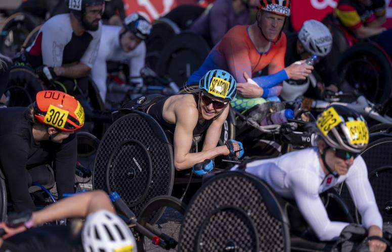 The elite wheelchair race gears up to cross the Start Line