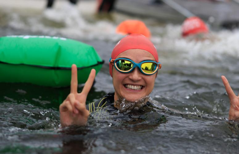 Swimmer poses at the start 