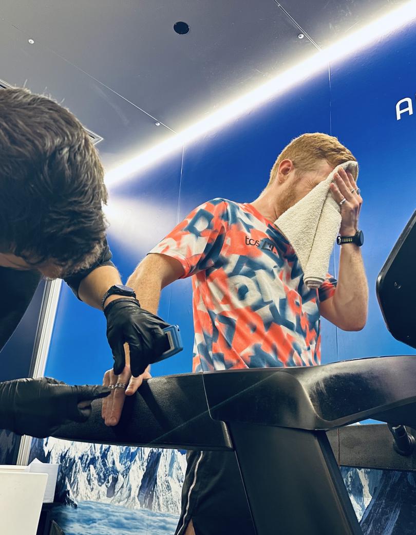 Ed wipes his forehead during the lactate test