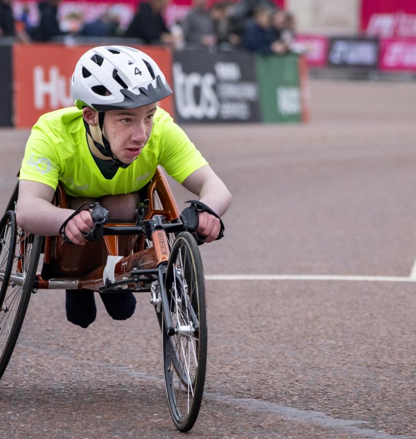 Harry Corness competes in the U14 Wheelchair Race during the TCS Mini London Marathon Championships