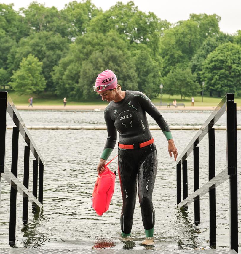 Sam Haddad exits the water at Serpentine Lido