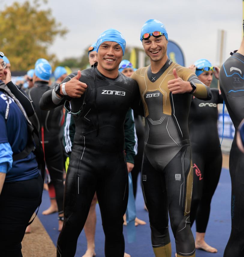 Swimmers celebrate their swim
