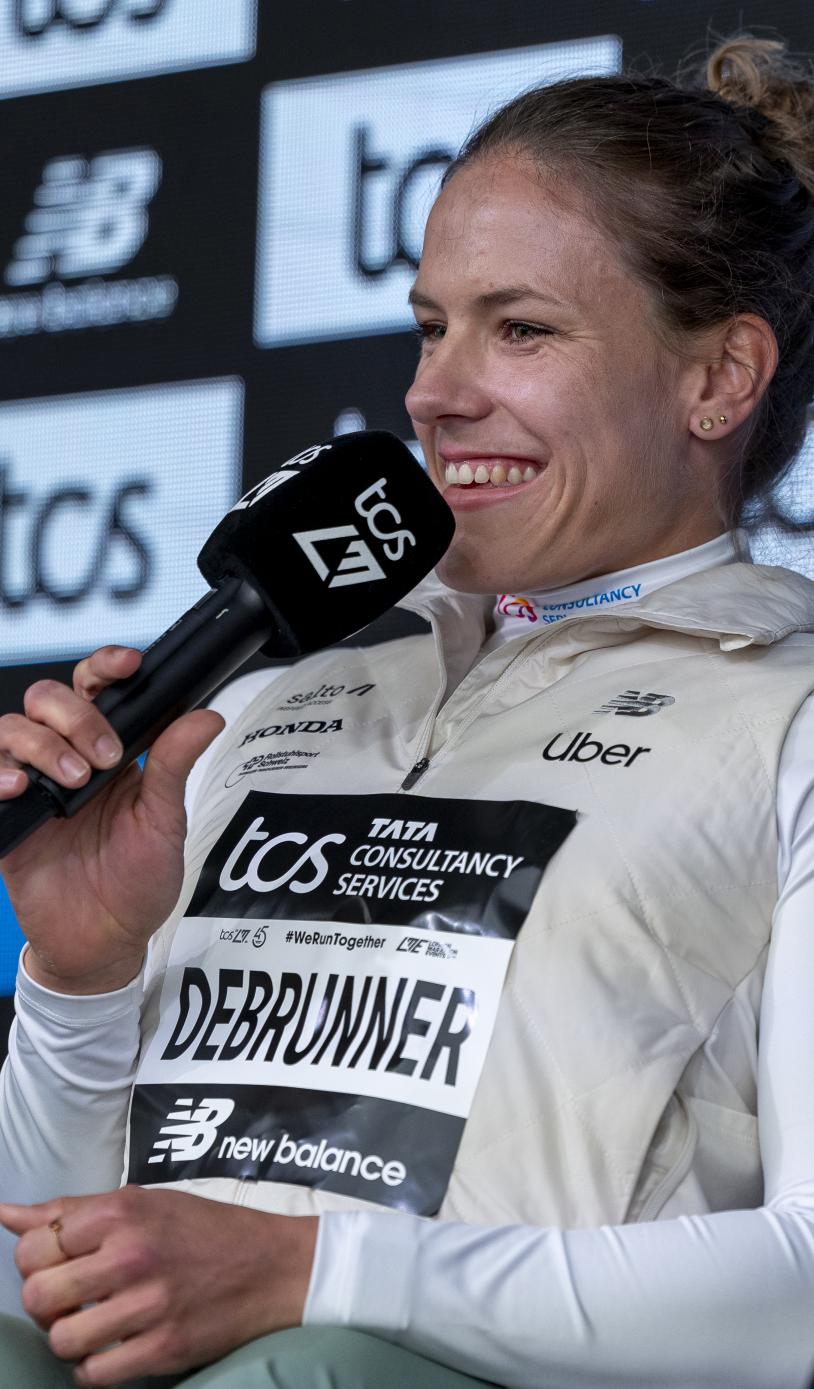 Catherine Debrunner at the pre-race press conference