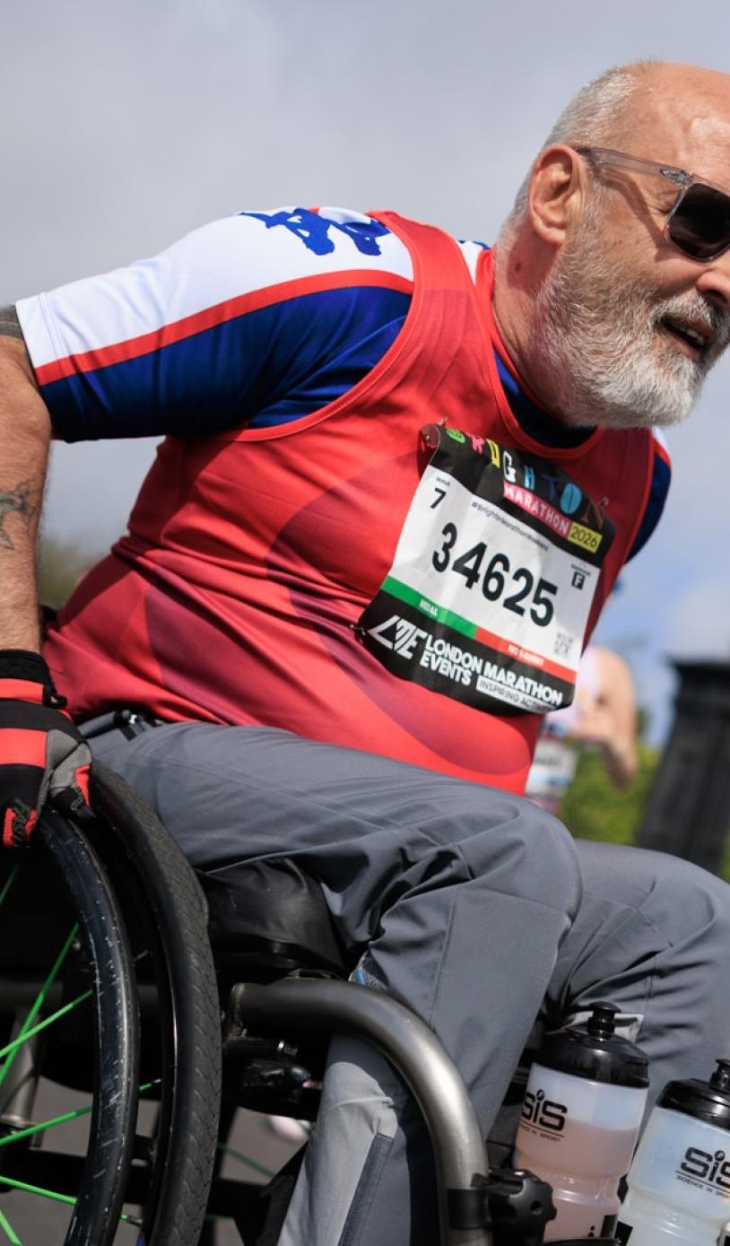 Wheelchair participant on the Brighton Marathon course