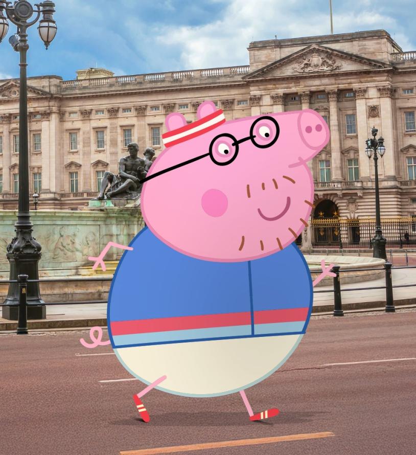 Daddy Pig running outside Buckingham Palace